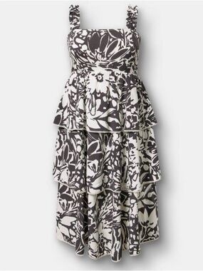 Tiered Floral Midi Dress in Black and White